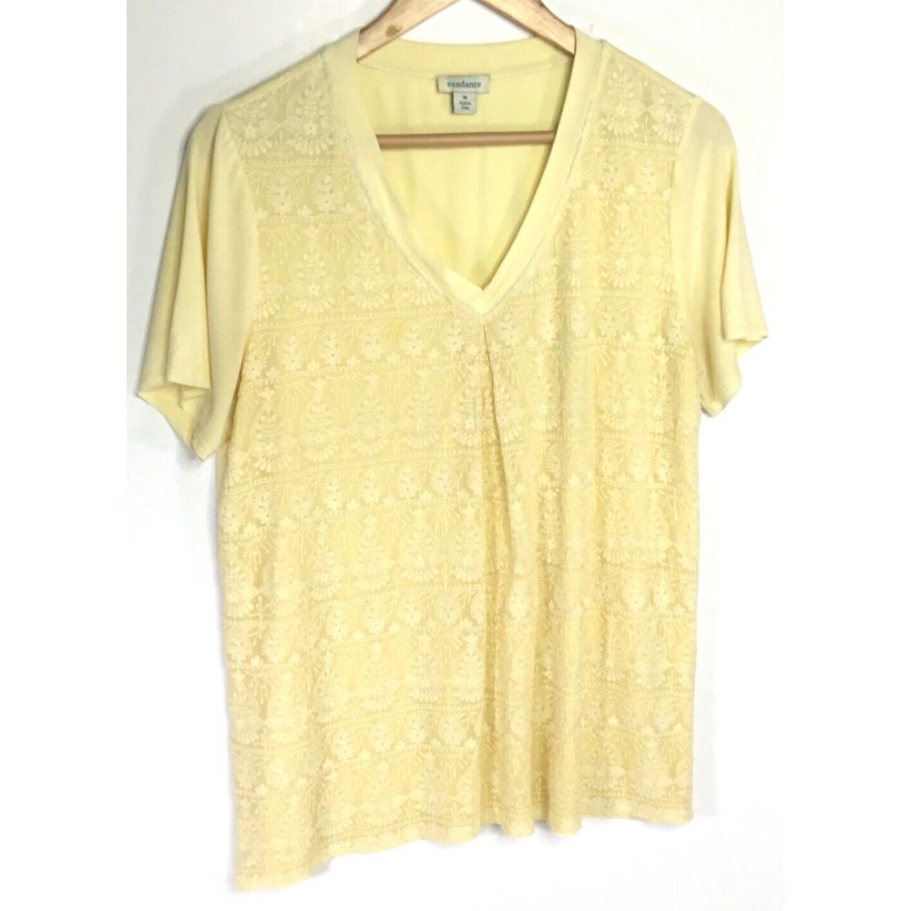 Sundance Top Womens Size Medium Yellow Silk Overlay V Neck  Short‎ Sleeve Casual